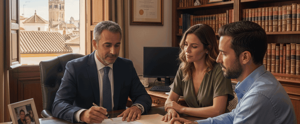 Despacho de abogado matrimonialista en Sevilla con documentación sobre divorcios y derecho de familia.