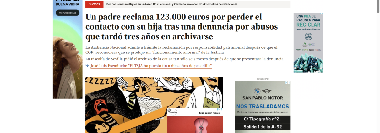 Abogado en Sevilla Asencio Cantisán con recortes de prensa de Diario de Sevilla y El Mundo sobre caso de derecho de familia.