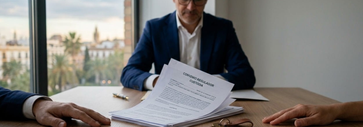 Guía Completa sobre Divorcios, Pensiones y Custodias en Sevilla: Protegiendo lo que más importa Abogados en Sevilla Abogado matrimonialista en Sevilla revisando un convenio regulador de custodia y pensiones con clientes en su despacho con vistas a la ciudad.