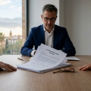 Abogado matrimonialista en Sevilla revisando un convenio regulador de custodia y pensiones con clientes en su despacho con vistas a la ciudad.